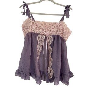 Frances Smily Y2K Silk Lace Babydoll Cami Top Womens Lavender Pink Ruffle USA M